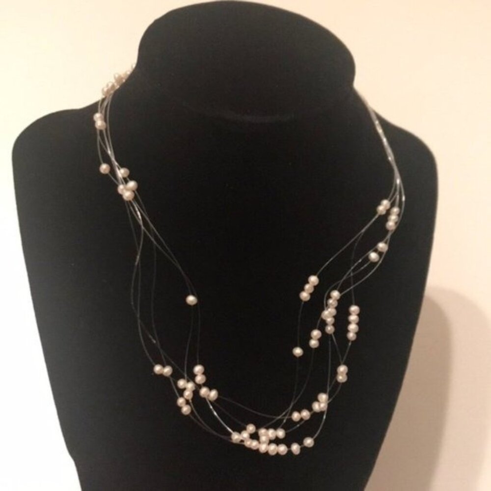 ✨🤍 Multi-Strand Floating Pearl Necklace | Clear Wire Design